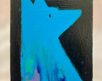 May include: Abstract painting on a black background featuring a stylized blue animal with a crown-like shape and a small blue circle. The artwork has a textured surface and a minimalist design.