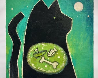 May include: A whimsical painting of a black cat silhouette against a teal and green background. The cat's belly features a green oval with a boat, fish bones, and a bone. A white moon and stars are in the sky.