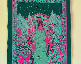 May include: A green tapestry with a psychedelic design featuring a path leading to a brick archway. The path is lined with pink and green flowers and foliage. The background is a dark green with stars and a swirling pattern.