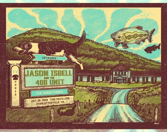 May include: A concert poster featuring a dog jumping over a sign that reads JASON ISBELL AND THE 400 UNIT, JULY 26, 2026 TING PAVILLION CHARLOTTESVILLE, VA. The scene includes a green hill, a building, and two fish floating in a light blue sky.