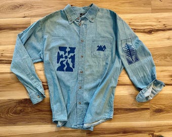 Nature Vibes Denim Button Up Long Sleeve Shirt | Botanical Forest Print Outdoor Adventure Top