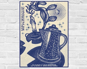 May include: A blue and cream poster featuring a speckled coffee pot, a lit candle in a holder, and a leafy plant. The text reads WATCHHOUSE, JULY 25 DILLON, CO DILLON AMPHITHEATRE, and JULY 26 DENVER, CO DENVER BOTANIC GARDENS, with star and sun motifs.