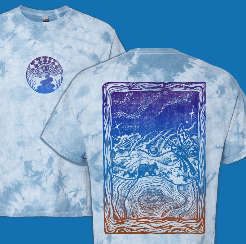 Mystic Mountain Crystal Dye Shirt, Psychedelic Nature Tee, Enchanted Nature Shirt, Handmade Screen Print image 1