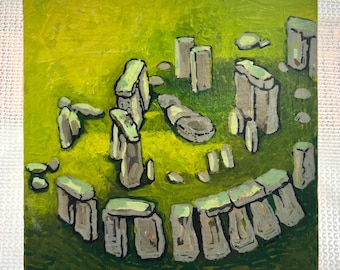 May include: An oil painting of Stonehenge, featuring the iconic stone circle on a green background. The artwork depicts the ancient monument with gray stones and a vibrant, textured finish, capturing the historical site.