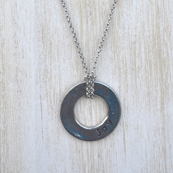 Pewter Washer Style Circle Necklace with  "joy" Hand-stamped