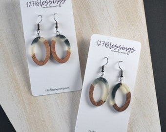 Black/Clear Resin and Wood Oval Earrings