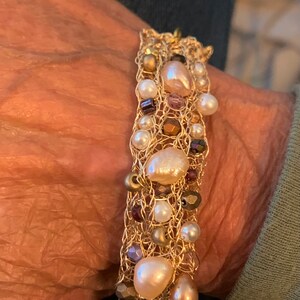 Bracelet hand crocheted wire pearls, Swarovski crystals Baroque Pearls