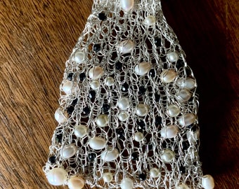 Hand crocheted from wire necklace with Pearls and Sparkling Black Spinel