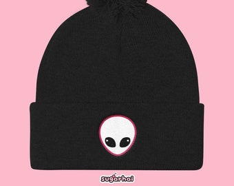 Alien Head Pom Pom Knit Cap, Alien Beanie, Pastel Goth Cute Winter Hat, Kawaii Space Grunge