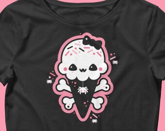 Pastel Goth Crop Tops, Kawaii Ice Cream Cone Shirts, Soft Grunge Clothing for Women, Creepy Cute