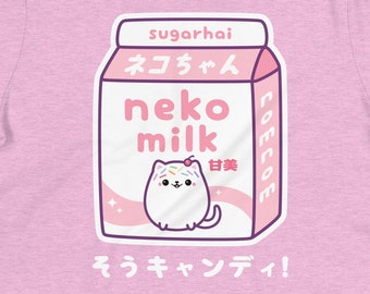 Cute Milk Shirts, Kawaii Neko Tops, Pastel Aesthetic, Japanese Tee, Cat Milk T-Shirts, Pastel Goth Tumblr, Kawaii Clothing