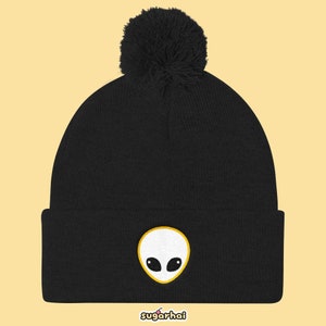 Alien Head Pom Pom Knit Cap, Alien Beanie, Pastel Goth Cute Winter Hat, Kawaii Space Grunge Yellow Detail