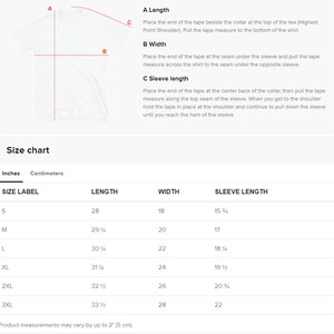 May include: White t-shirt with measurement diagrams and a size chart. The chart includes measurements in inches for length, width, and sleeve length, ranging from size S to 3XL. The length of a size S shirt is 28 inches.
