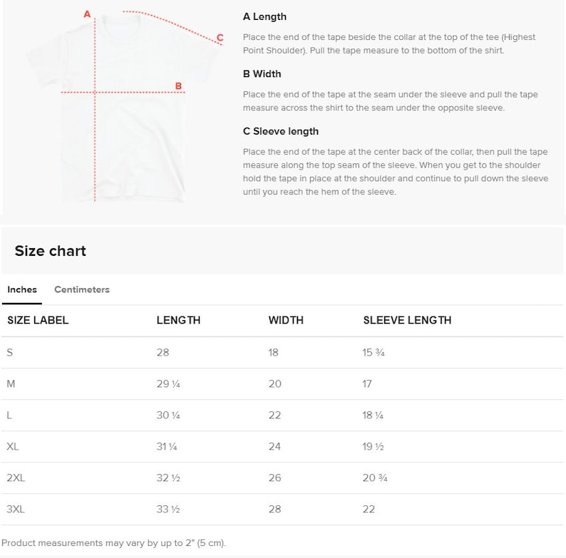 May include: White t-shirt with measurement diagrams and a size chart. The chart includes measurements in inches for length, width, and sleeve length, ranging from size S to 3XL. The length of a size S shirt is 28 inches.