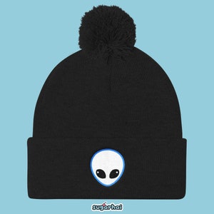 Alien Head Pom Pom Knit Cap, Alien Beanie, Pastel Goth Cute Winter Hat, Kawaii Space Grunge Blue Detail