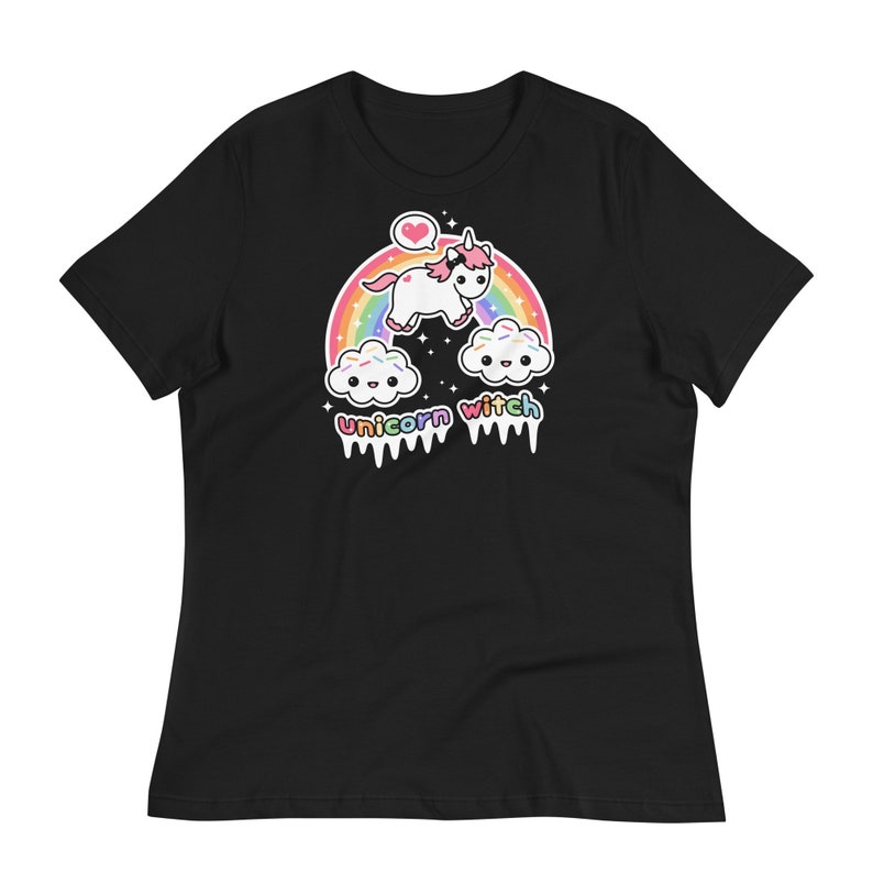 May include: Black t-shirt featuring a rainbow, clouds, and a unicorn with the text "unicorn witch" in rainbow dripping letters.