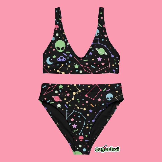 High Waisted Space Bikini, Plus Sizes, Recycled Material, Aliens 