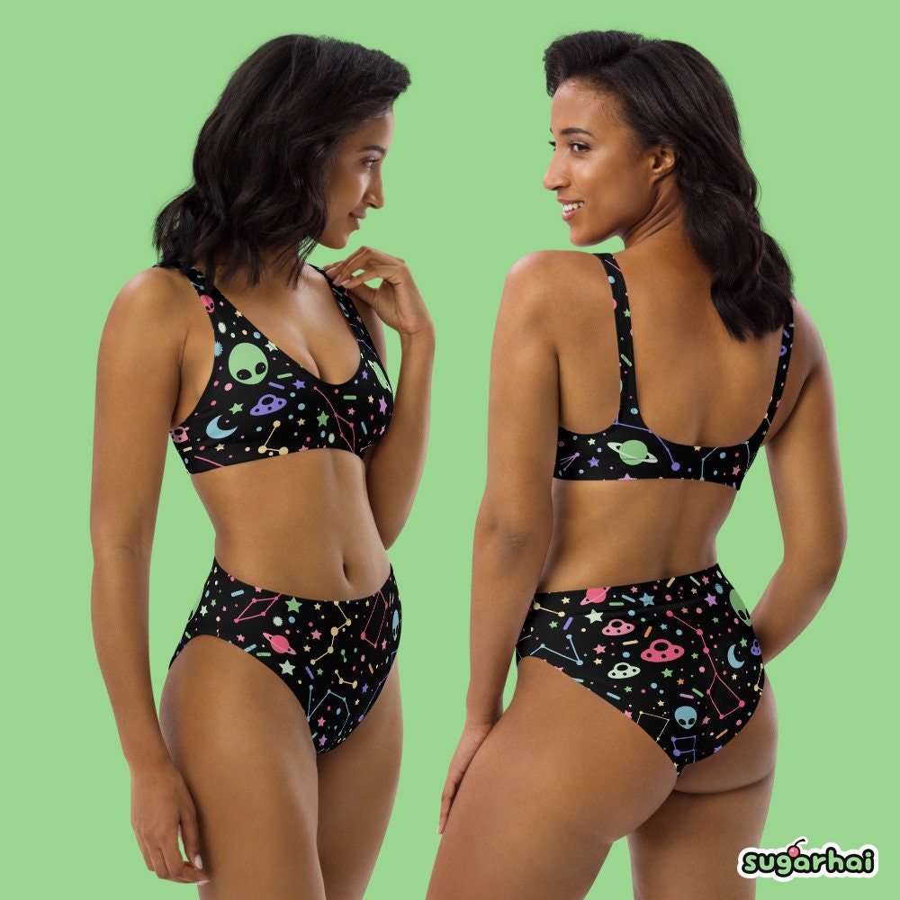 High Waisted Space Bikini, Plus Sizes, Recycled Material, Aliens