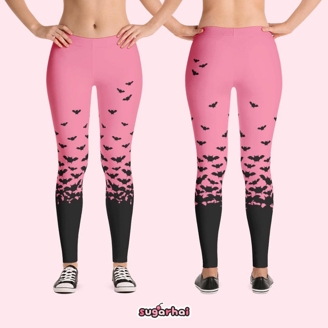 Pastel Goth Leggings With Black Bats, Spooky Cute, Soft Grunge Yoga