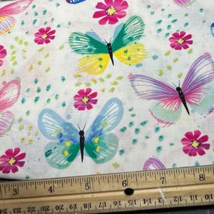 Butterflies & Flowers on White Cotton Quilt Fabric Remnant