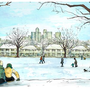 May include: A watercolor painting of a snowy park scene with a couple sitting on a bench in the foreground. In the background, there are houses and a city skyline with tall buildings.