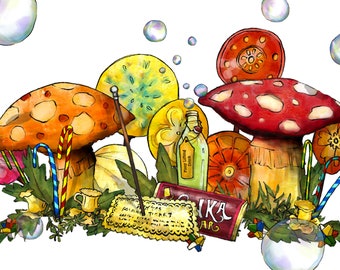Może przedstawiać: Fantazyjna ilustracja przedstawiająca kolorowe grzyby, laski cukrowe, butelkę z etykietą "Very Little Drink", tabliczkę czekolady i złoty bilet. Scena jest otoczona bąbelkami.