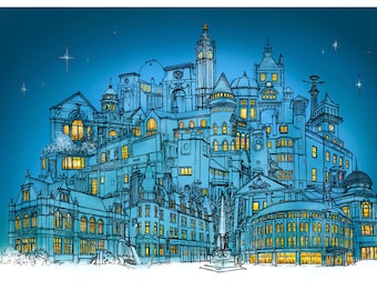 Może przedstawiać: Niebieska i biała ilustracja nocnego panoramy miasta z gwiazdami na niebie. Budynki są w różnych kształtach i rozmiarach i mają podświetlone okna. Ilustracja jest wykonana w fantazyjnym stylu.