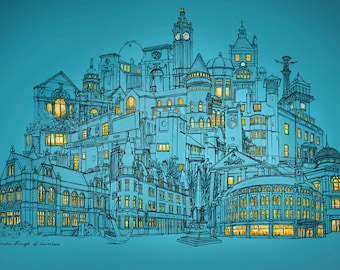 Może przedstawiać: Ilustracja ręcznie rysowana przedstawiająca panoramę miasta z wieloma budynkami w kolorze turkusowym. Budynki są obrysowane czarnym kolorem i mają żółte okna. Tekst "London Borough of Islington" znajduje się na dole obrazu.