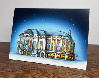 Może przedstawiać: Ilustracja ręcznie rysowana budynku z zaokrąglonym dachem i wieloma oknami. Budynek jest oświetlony żółtymi światłami, a niebo jest ciemnoniebieskie z białymi gwiazdami.