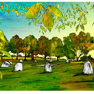May include: A painting of a stone circle in a field with trees in the background. The sky is blue and there are leaves in the foreground.