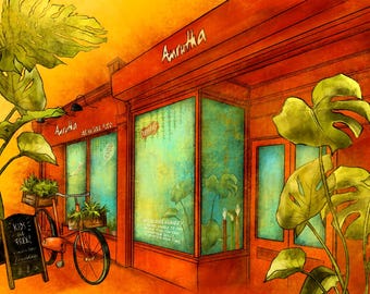 Może przedstawiać: Ilustracja fasady restauracji z nazwą "Amrutha" nad wejściem. Czerwony rower z koszami na rośliny stoi przed budynkiem. Duże zielone liście otaczają scenę, a znak głosi "Kids are Free!"