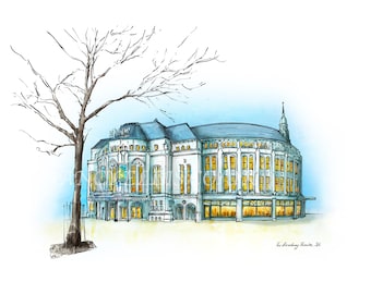 Może przedstawiać: Akwarelowa ilustracja Teatru Broadway, 196. Budynek jest biały z niebieskim dachem i wieloma oknami. Po lewej stronie stoi bezlistne drzewo. Niebo jest jasnoniebieskie. Tekst "The Broadway Theatre, 196" znajduje się w prawym dolnym rogu.