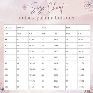 Op de afbeelding: Maattabel voor unisex pyjamabroeken met maten in inches en centimeters. De tabel toont maten XS tot 5XL met de bijbehorende lengtes, taille en heupmaten.