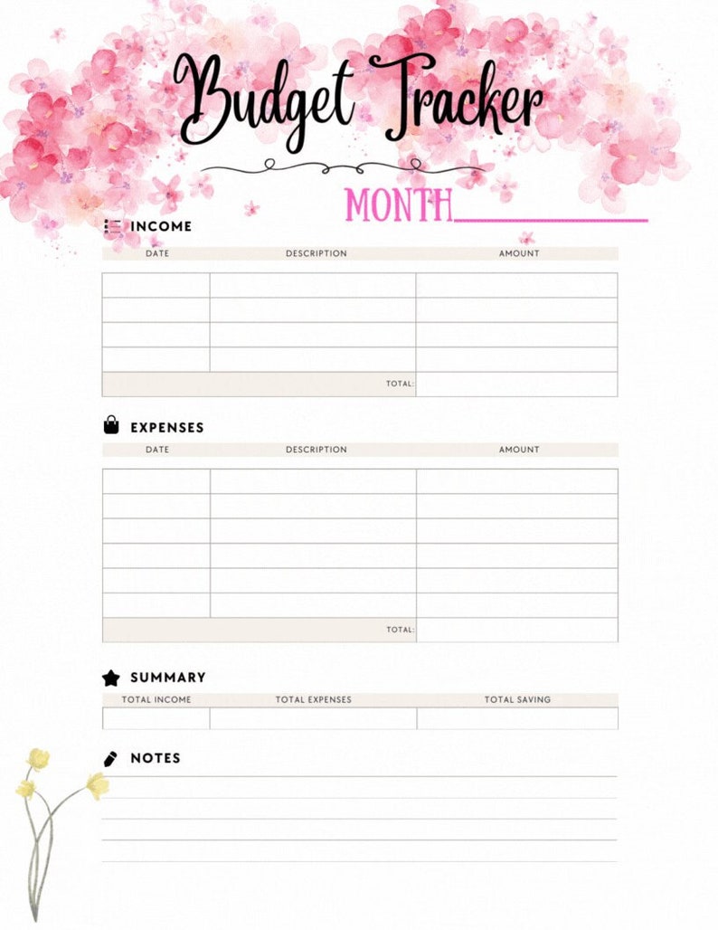 K&ouml;nnte beinhalten: Ein wei&szlig;er Budget-Tracker mit rosa floralen Akzenten und den Worten "Budget Tracker" in schwarzer Schrift. Der Tracker enth&auml;lt Abschnitte f&uuml;r Einnahmen, Ausgaben und eine Zusammenfassung mit Platz f&uuml;r Notizen. Das Wort "MONTH" ist rosa.