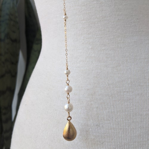 Back Plunging Y Style Gold shops Pearl Necklace, Back Necklace