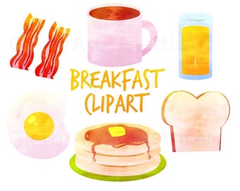 Watercolor Breakfast clipart, Instant download, Bacon, eggs, toast, pancakes, coffee, orange juice