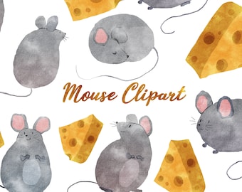 Cute Mouse Watercolor Clipart, Mouse Clip Art, Cheese clipart, Instant download, Scrapbooking, stickers