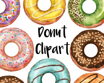 Donut Watercolor Clipart, Doughnut Clipart, Instant download, dessert Clipart, chocolate doughnut, sprinkle doughnut