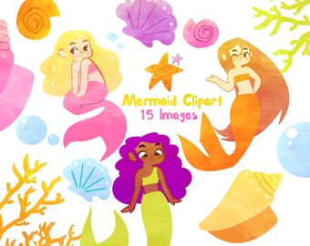 Cute Mermaid clipart, Mermaid clip art, for personal and commercial use, digital clipart, instant download, scrapbooking, planner stickers