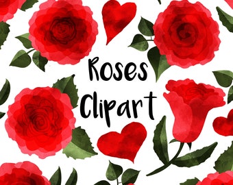 Rose Watercolor Clipart, Instant download, Valentines Clipart, roses clipart, heart clipart