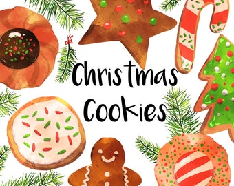 Watercolor Christmas Cookies, Instant download, gingerbread cookies, Christmas tree cookies, candy cane, snowman cookies, holiday cookies