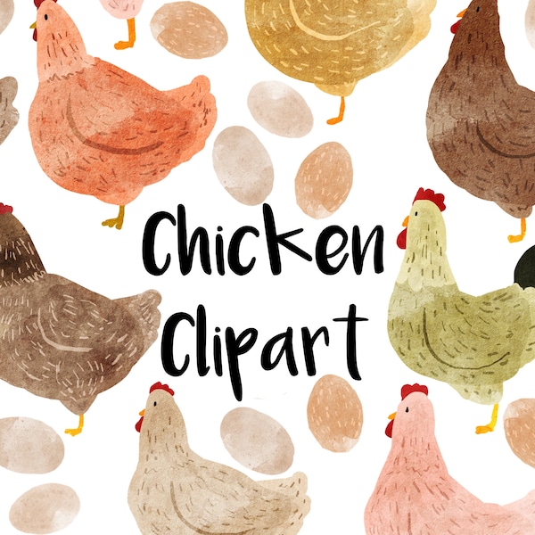 Chicken Watercolor Clipart, Instant download, hen clip art, Rooster, eggs, Farm Clipart