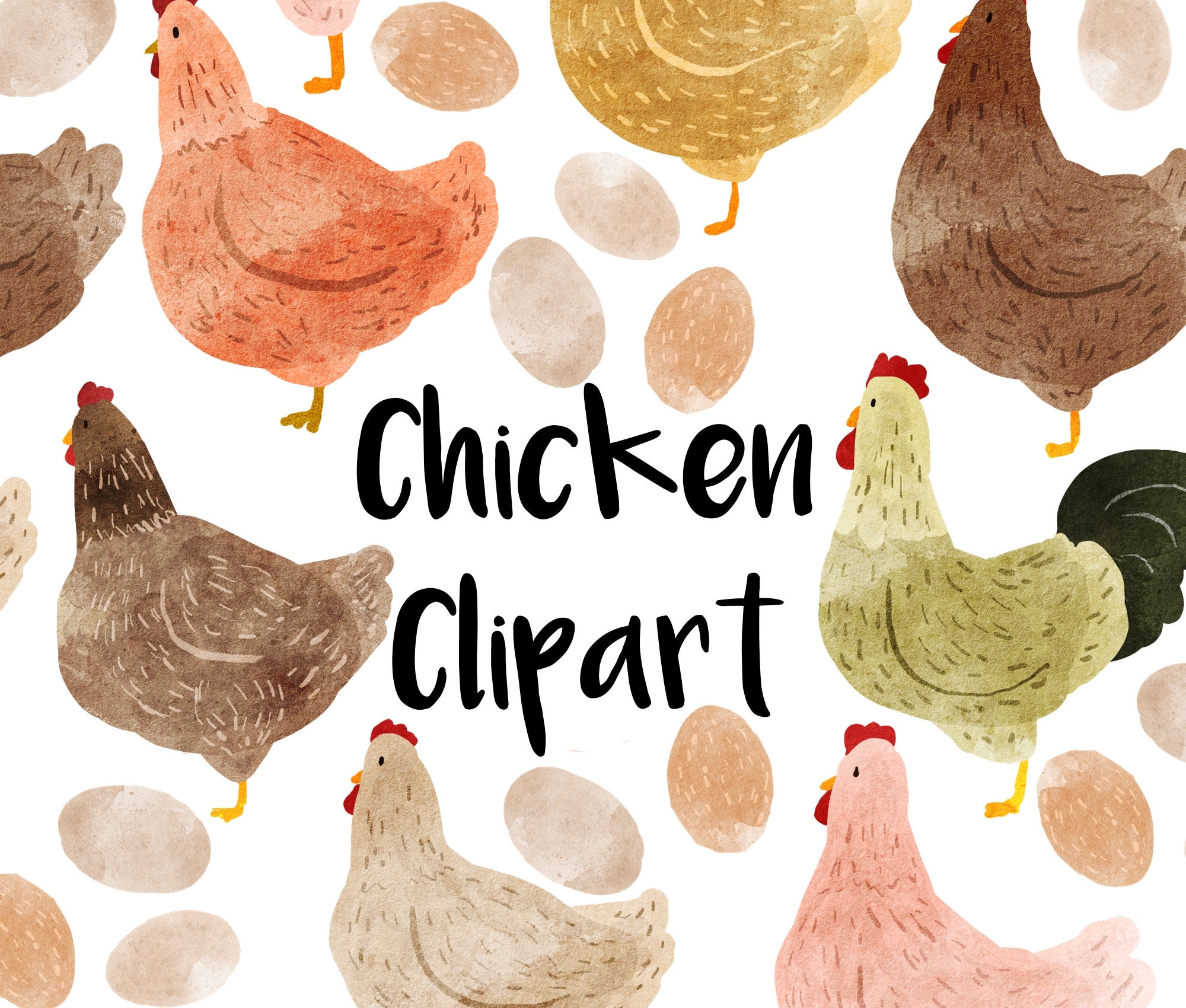 Watercolor Clipart Hand Drawn Chicken Family Rooster, Hen, Chicks and Eggs  Printable Instant Download 