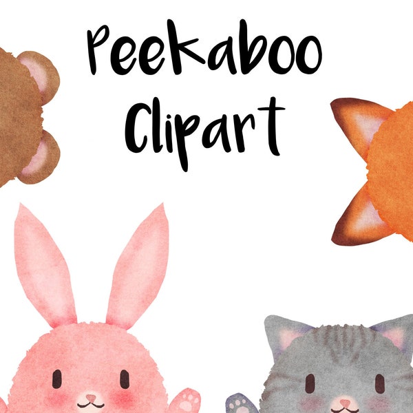 Peekaboo Watercolor Clipart, Instant download, Animal clipart, bunny, cat, penguin, dog, bear, panda