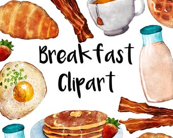 Breakfast Watercolor clipart, Instant download, Bacon, eggs, pancakes, tea, milk