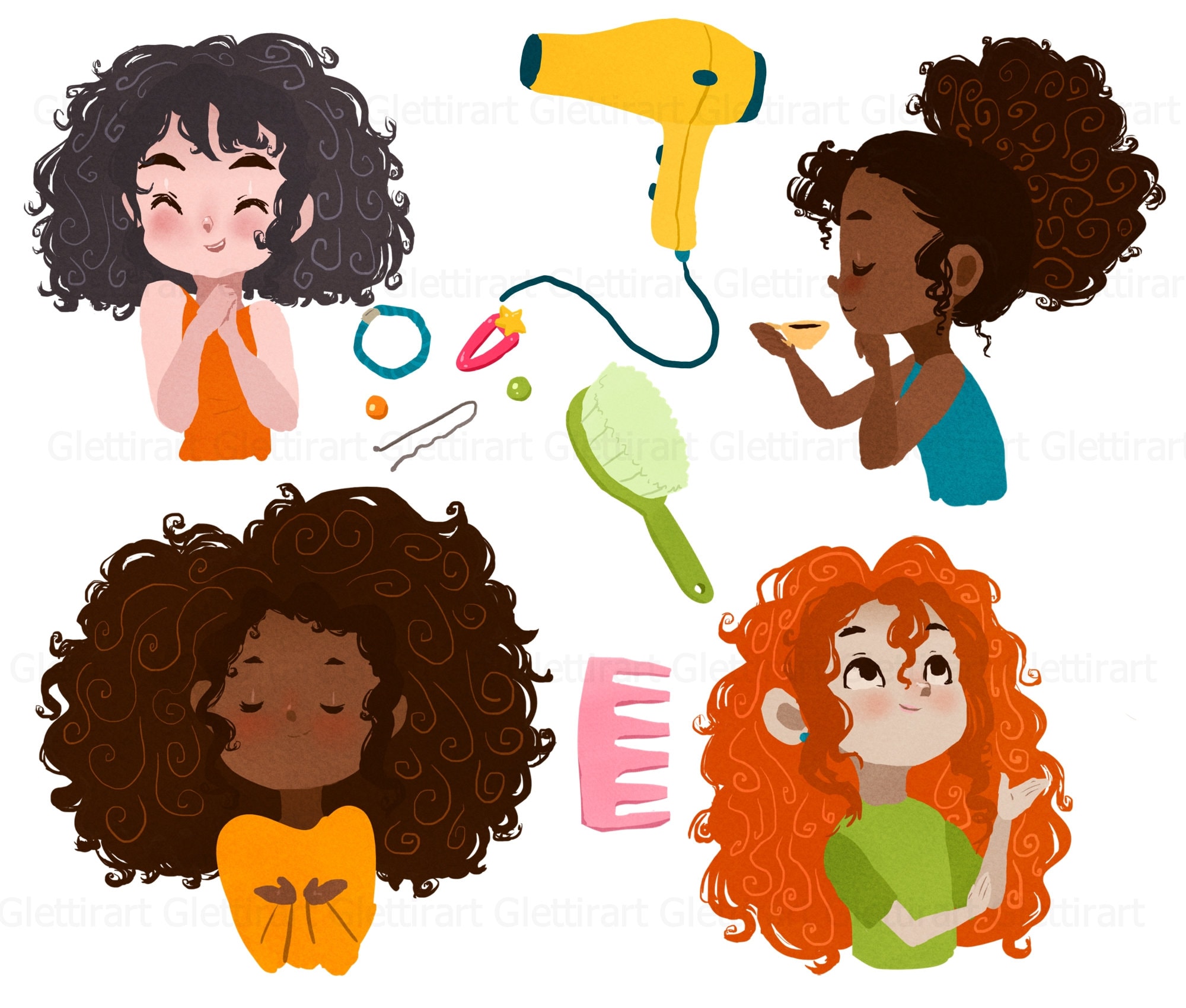 Curly hair girl clipart hair Clip art hair accessories Etsy