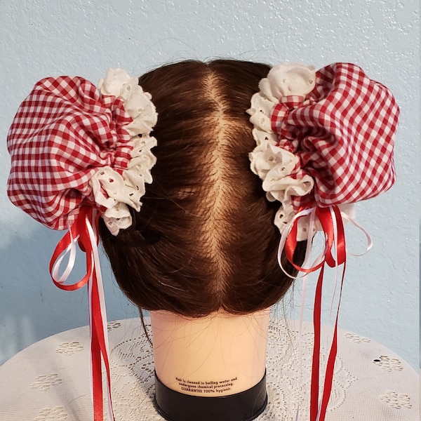 Red Cotton Gingham and Vintage Eyelet Chun-Li, Rockabilly, Anime, Cosplay Bun Covers