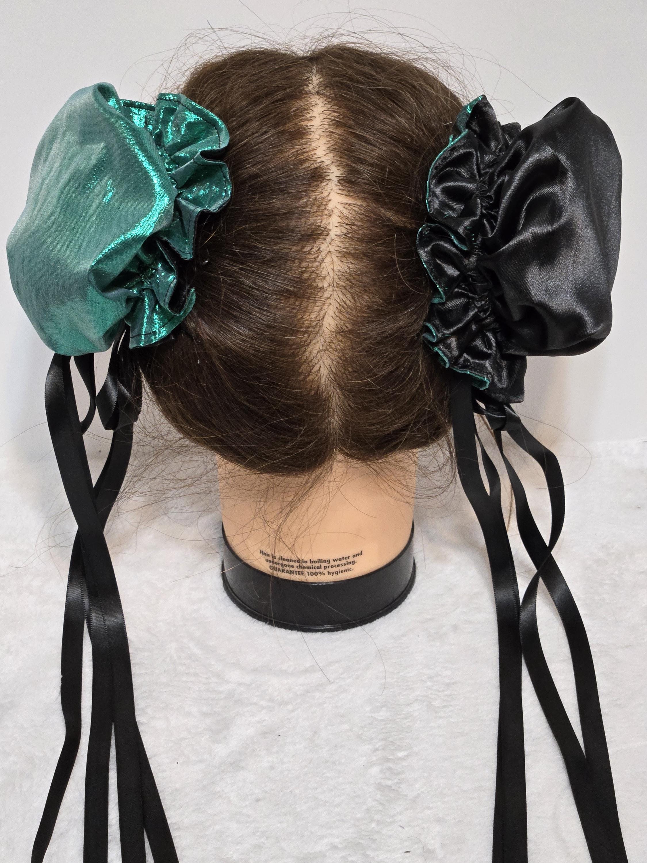 Reversible Emerald Green Metallic Foil and Black Satin Odango Bun Covers