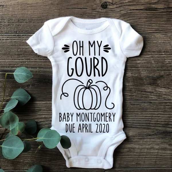 Fall Baby Pregnancy Announcement Onesies, Oh my Gourd, Personalized October Baby Announcement, Custom Photo Prop, Last name and due date