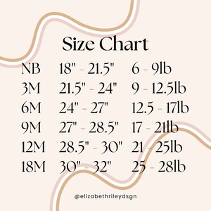 May include: Size chart for baby clothes, showing sizes in months (NB, 3M, 6M, 9M, 12M, 18M) with corresponding chest measurements in inches (18" - 21.5", 21.5" - 24", 24" - 27", 27" - 28.5", 28.5" - 30", 30" - 32") and weight ranges in pounds (6 - 9lb, 9 - 12.5lb, 12.5 - 17lb, 17 - 21lb, 21 - 25lb, 25 - 28lb).